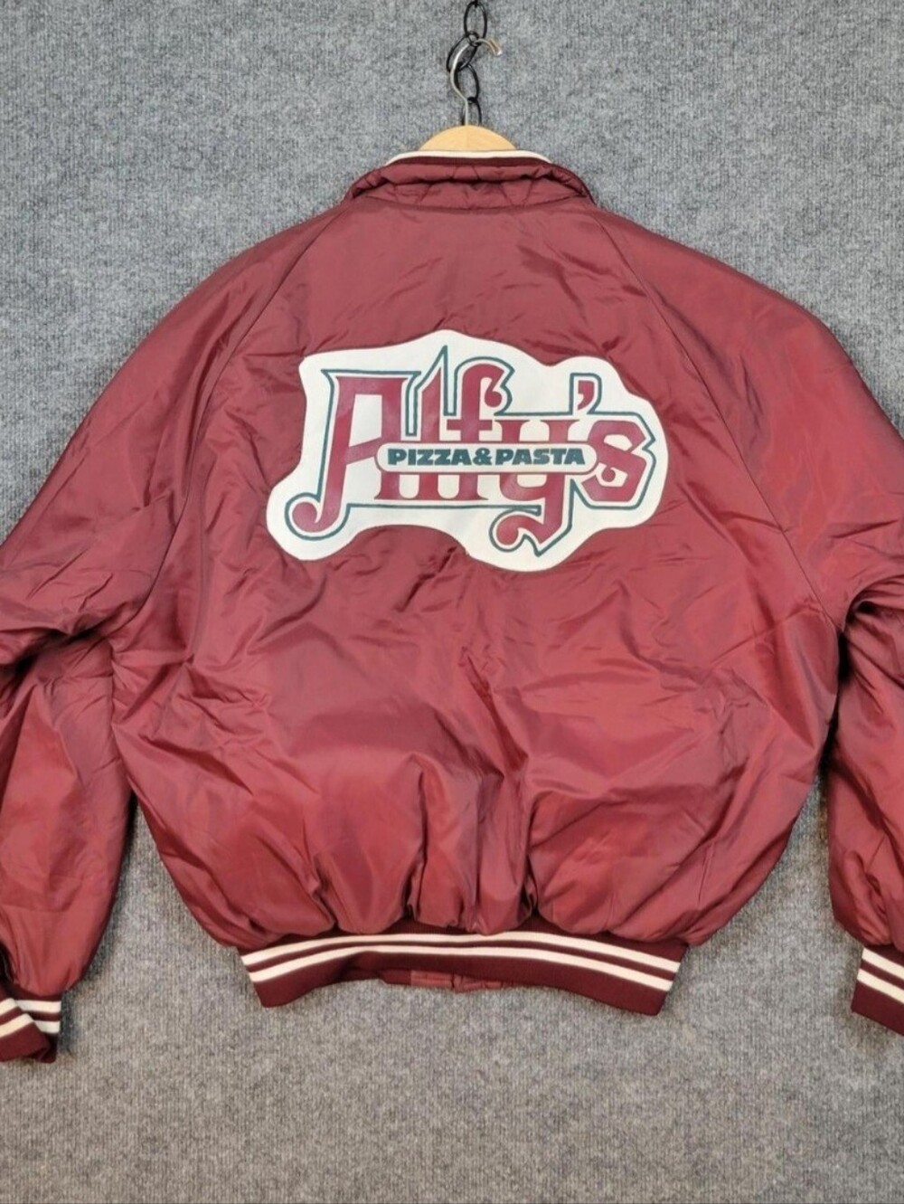 RARE Vintage 80s Alfy's Pizza & Pasta Maroon Satin Bomber Jacket - PNW Heritage